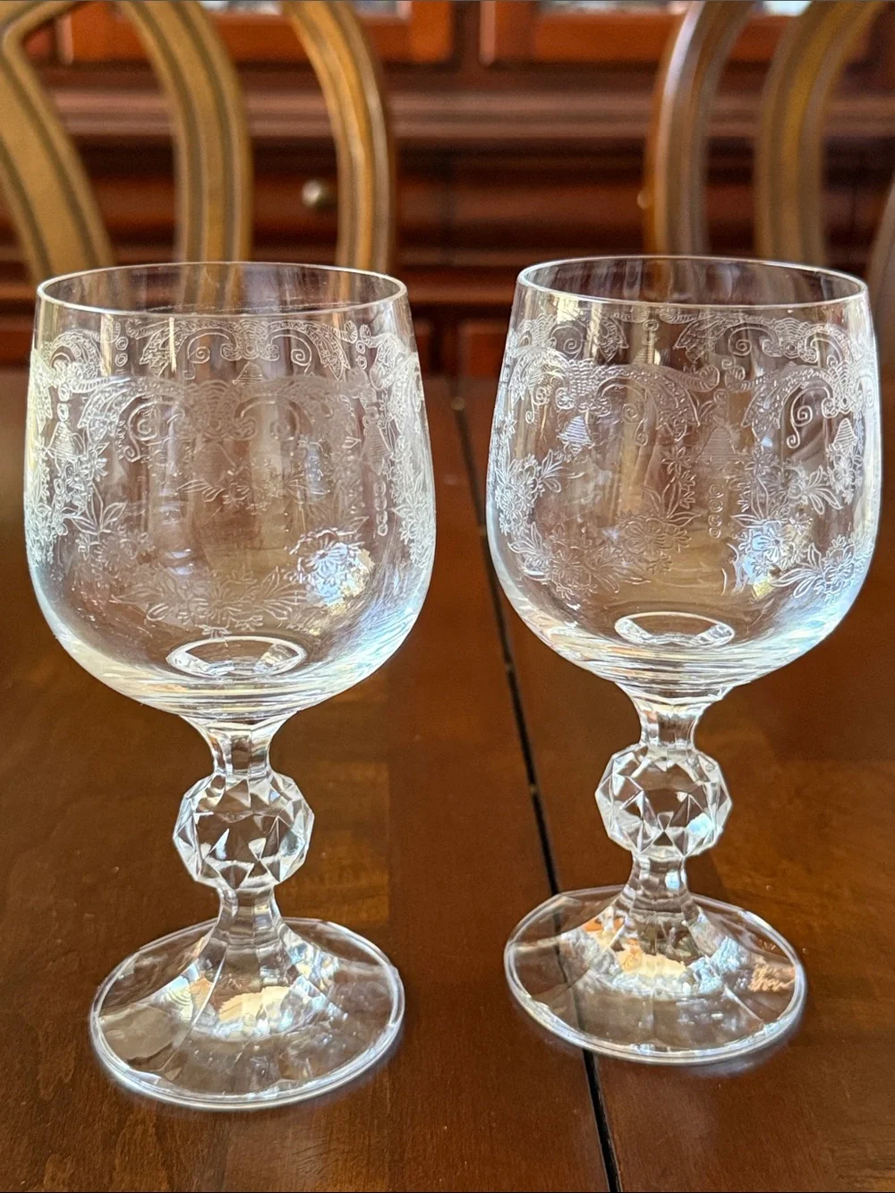 2 pc Czech Bohemian clear etched Crystal Cascade Design cordials footed glasses